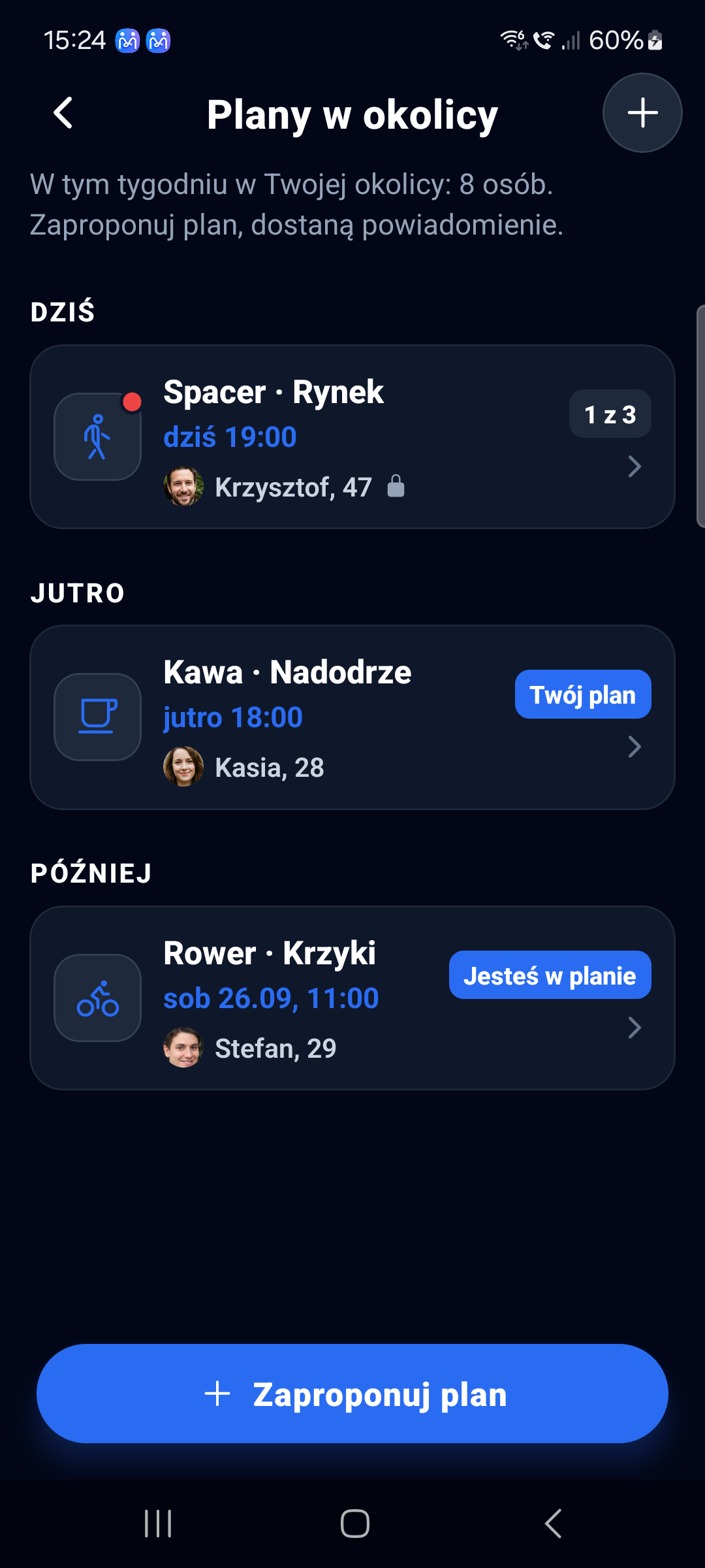 Lista planów w okolicy: dziś, jutro, później