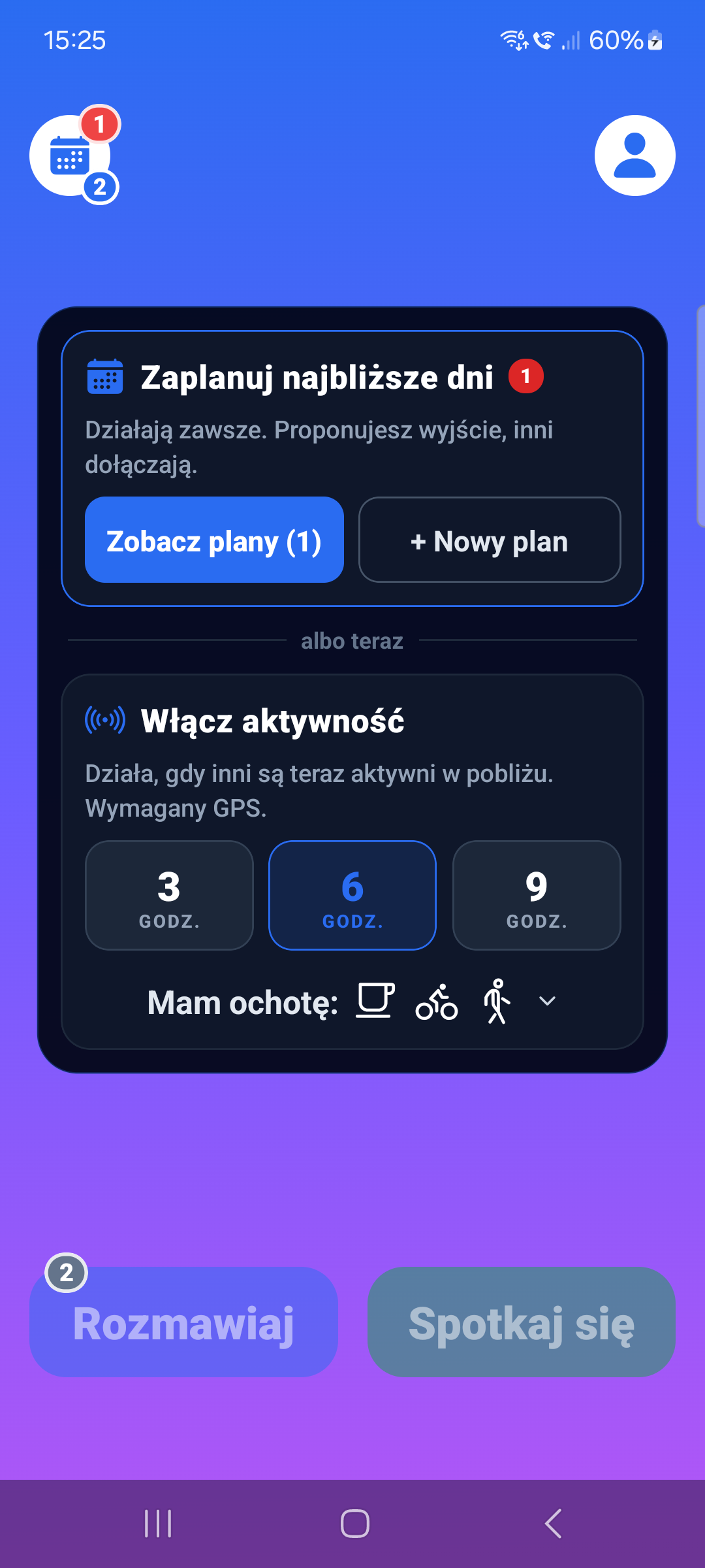 Ekran startowy aplikacji Tu i Teraz: Zaplanuj najbliższe dni albo Włącz aktywność